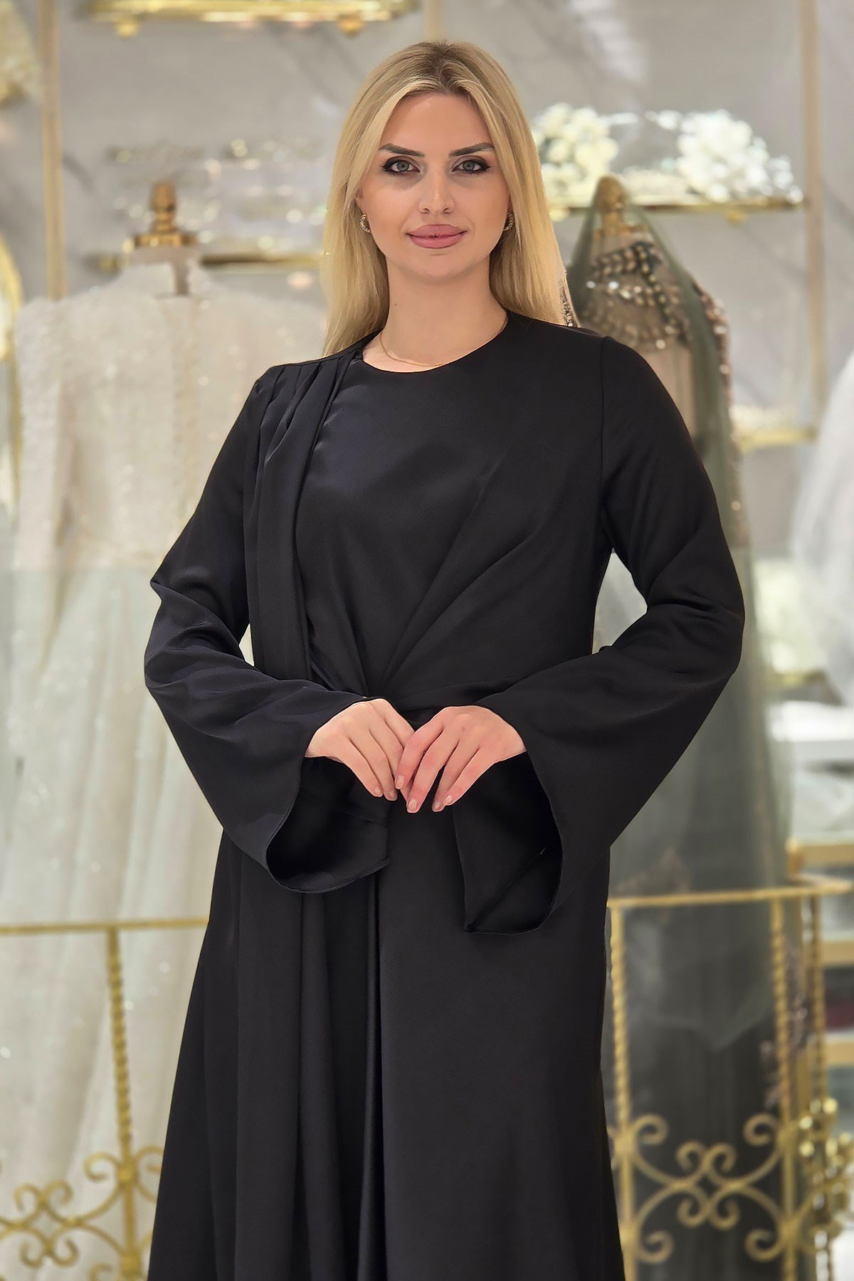 Siyah Saten Tesettür Elbise 5386