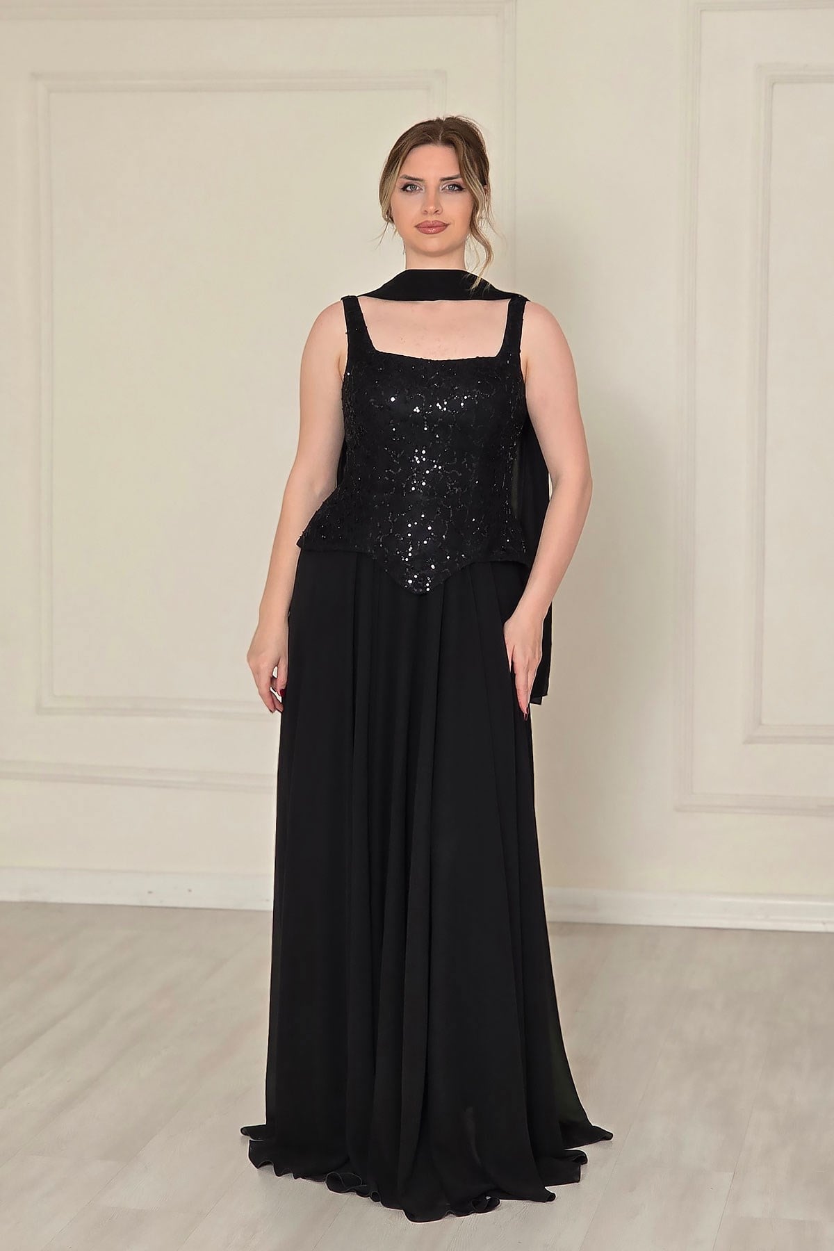 Siyah Şifon Dantelli Abiye 2752