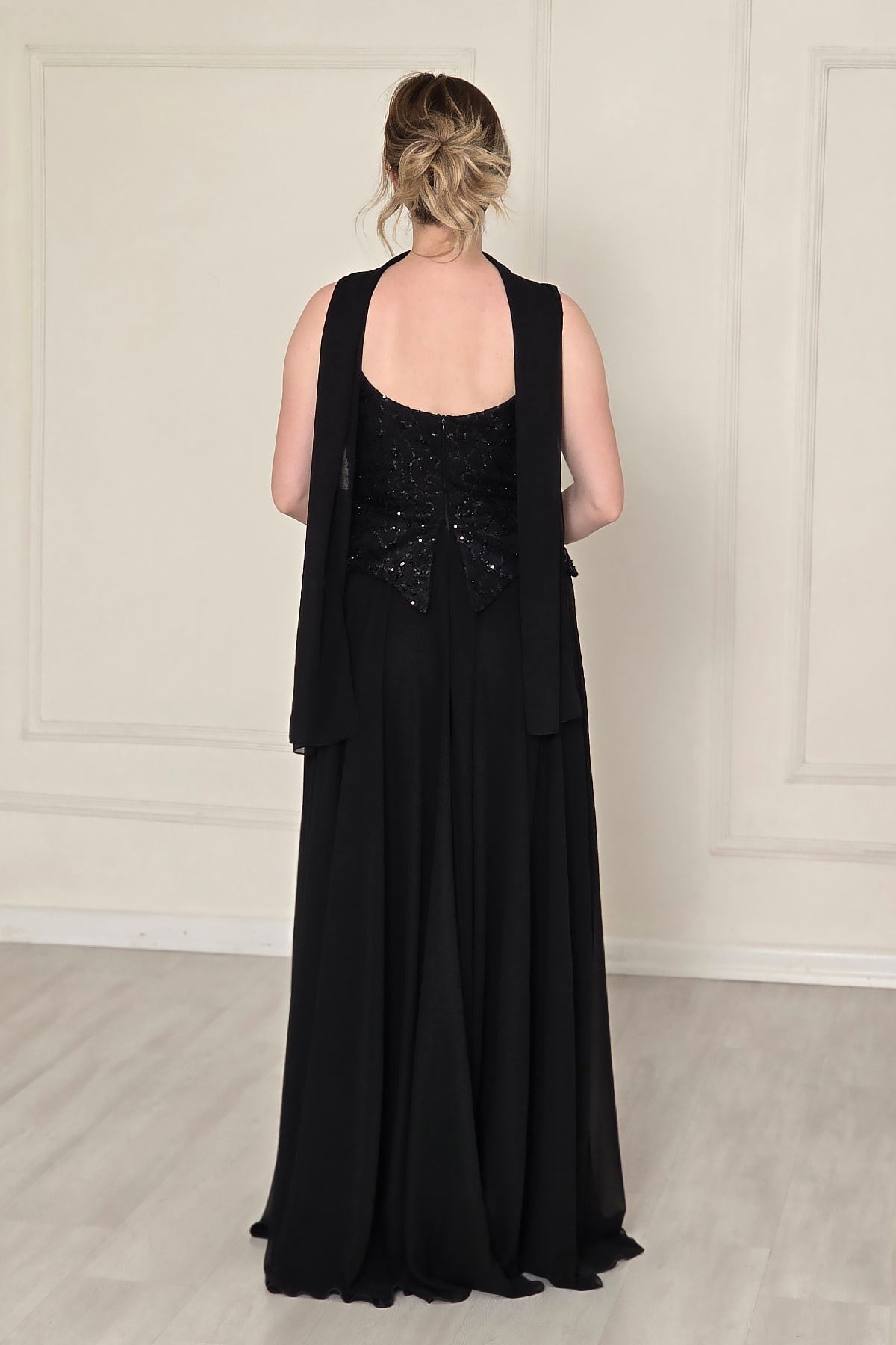 Siyah Şifon Dantelli Abiye 2752