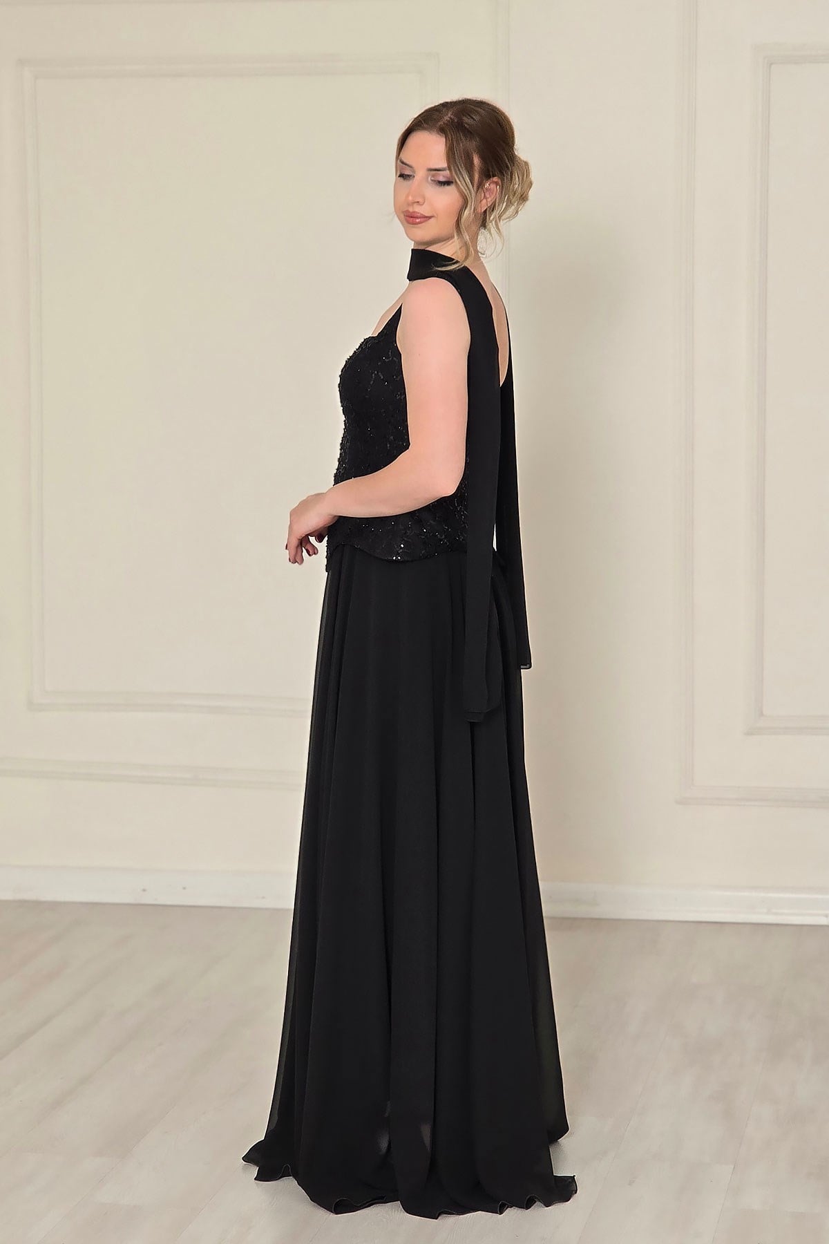 Siyah Şifon Dantelli Abiye 2752