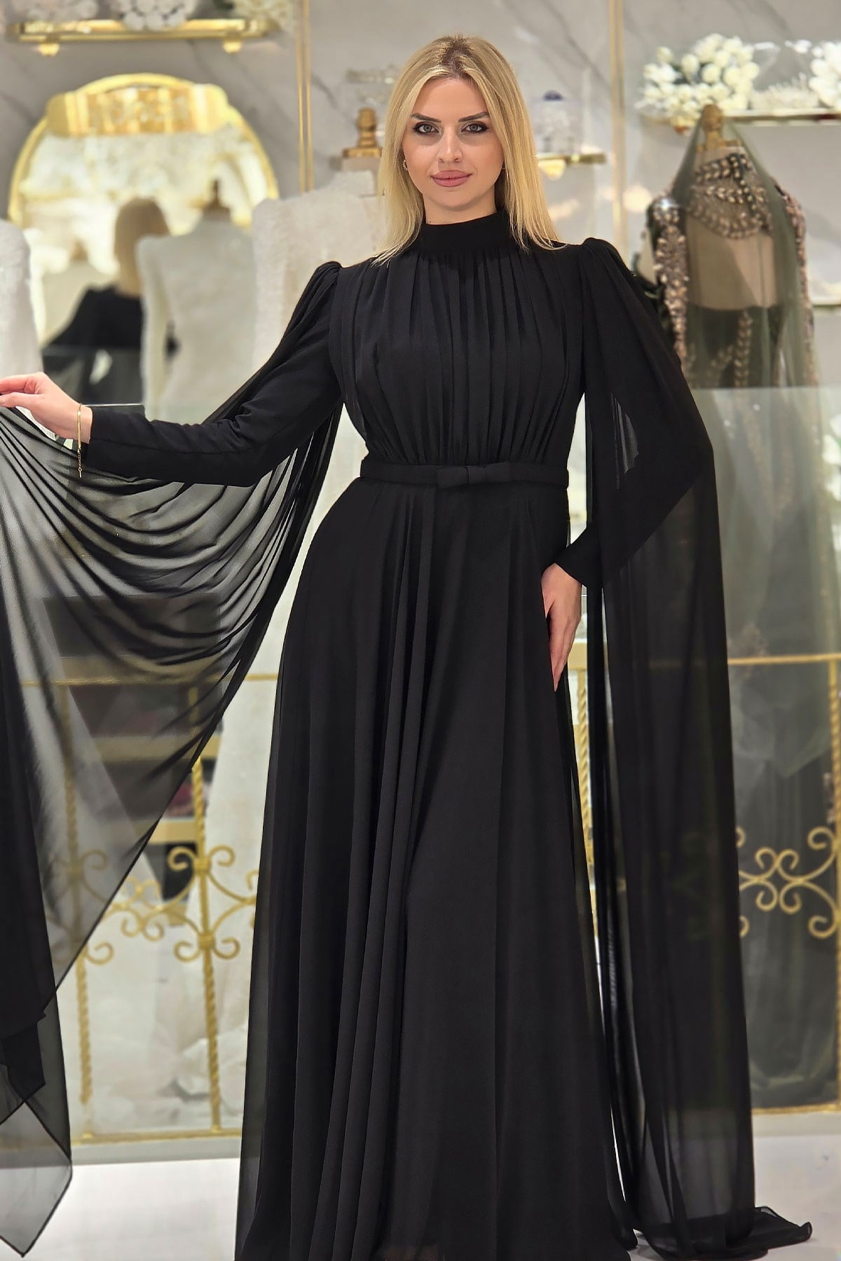 Siyah Şifon Kemerli Tesettür Abiye 4653