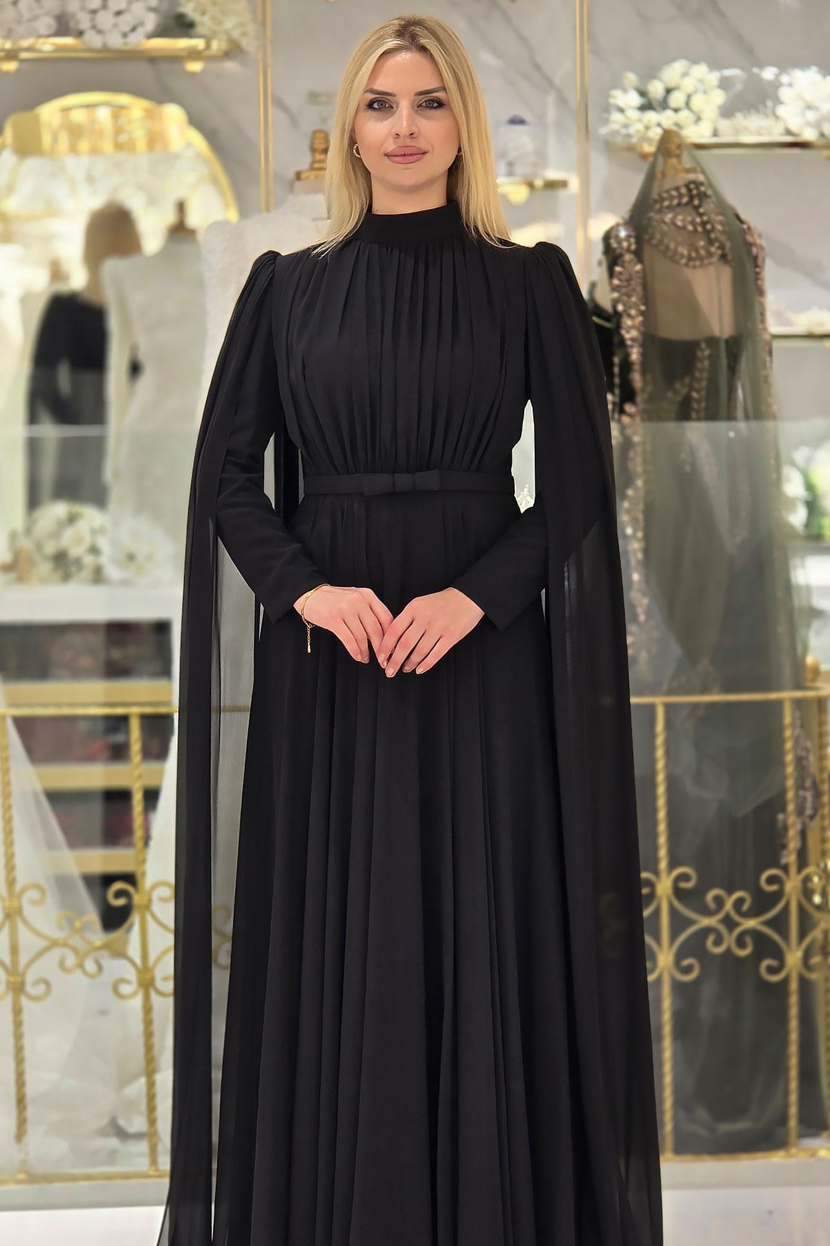 Siyah Şifon Kemerli Tesettür Abiye 4653