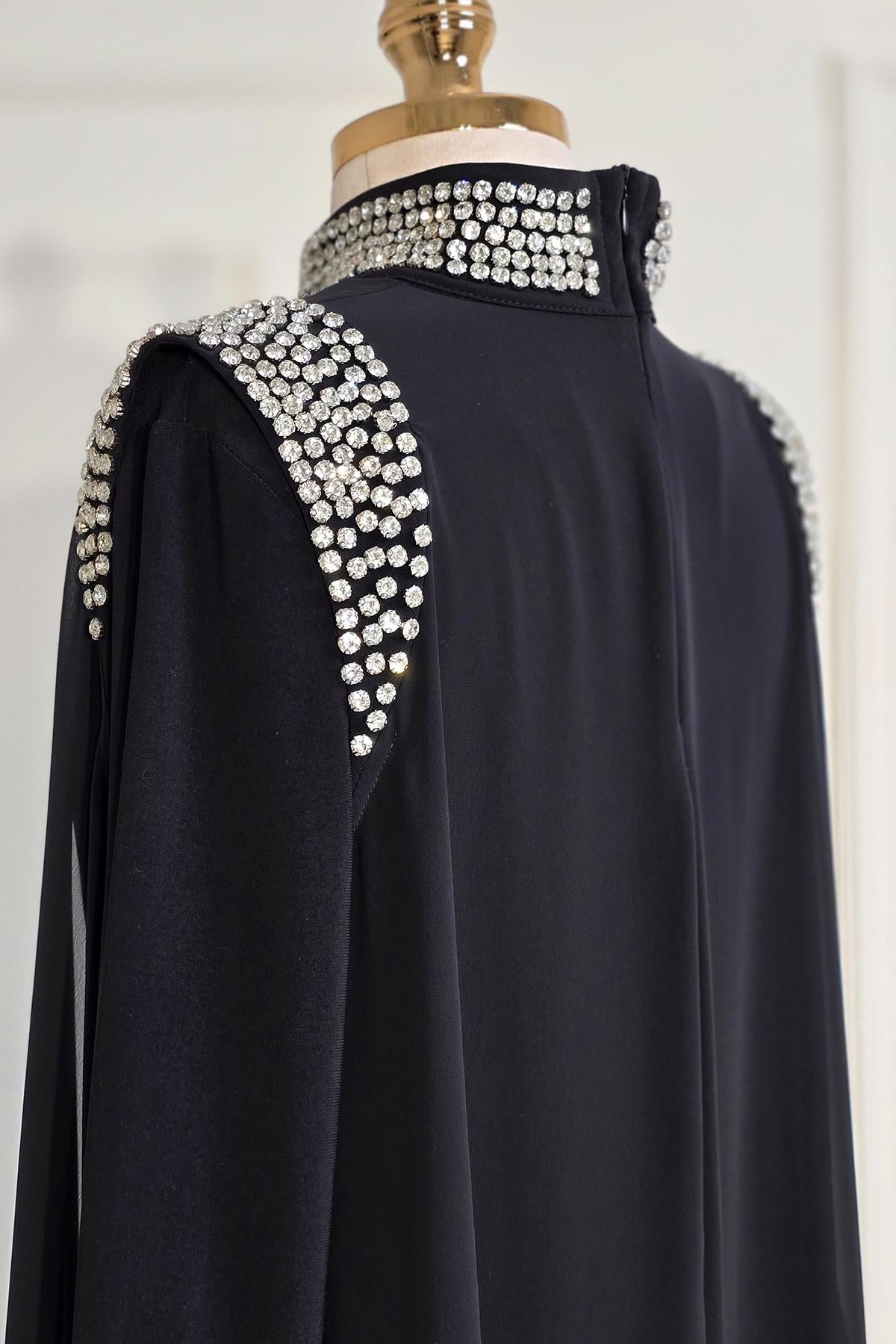 Siyah Şifon Taş Detay Abaya Abiye 4320