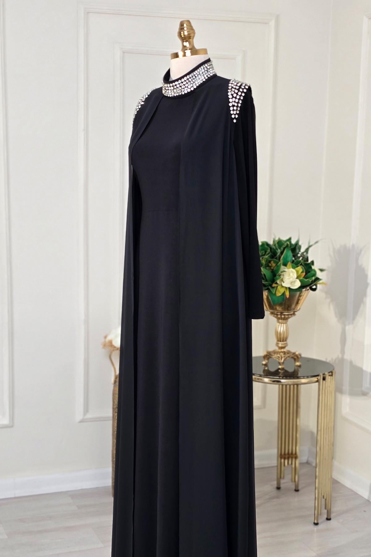 Siyah Şifon Taş Detay Abaya Abiye 4320