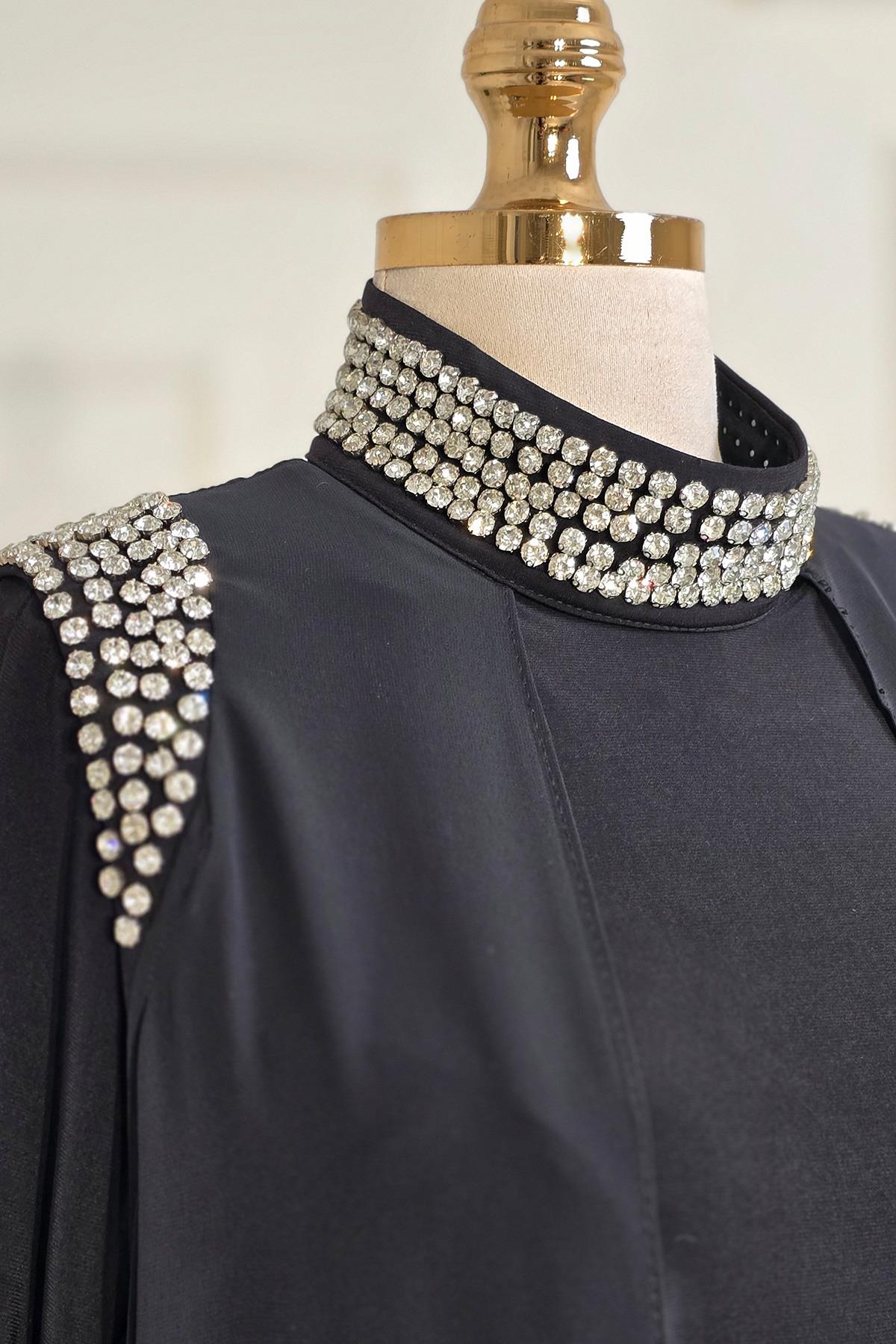Siyah Şifon Taş Detay Abaya Abiye 4320