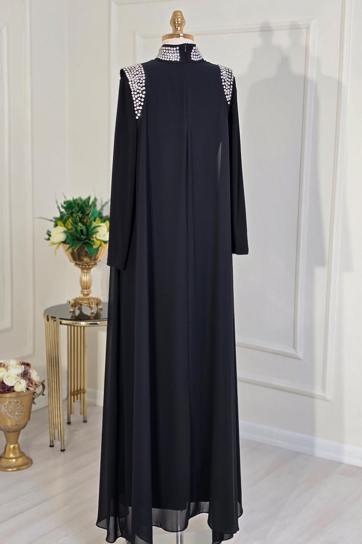 Siyah Şifon Taş Detay Abaya Abiye 4320