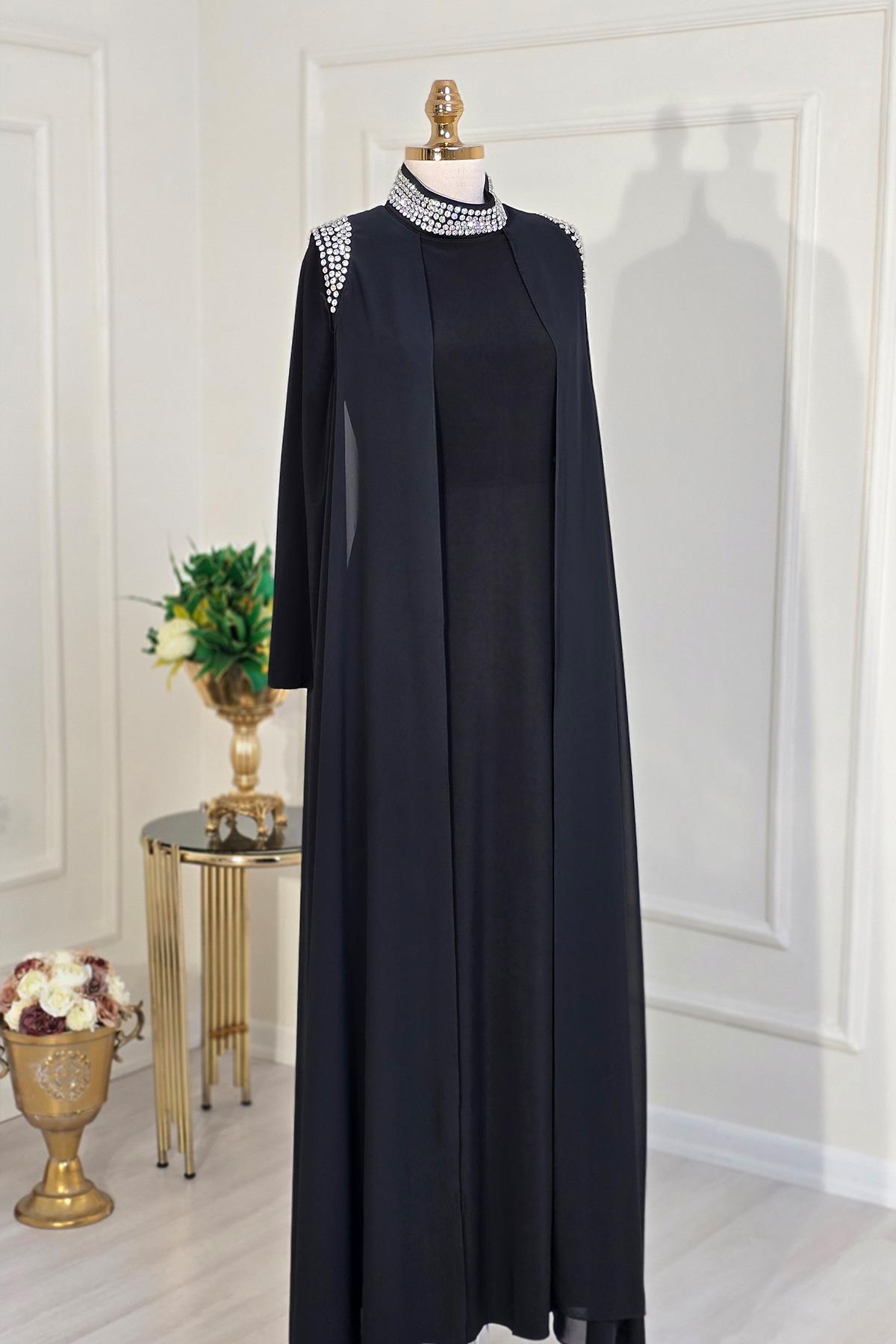 Siyah Şifon Taş Detay Abaya Abiye 4320