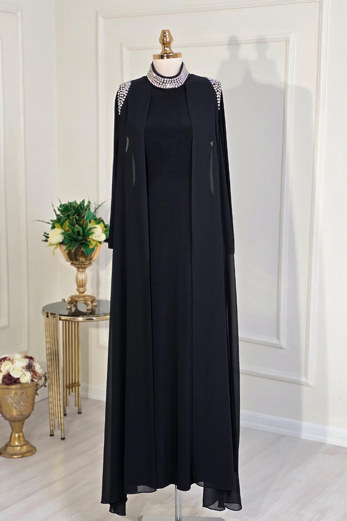Siyah Şifon Taş Detay Abaya Abiye 4320