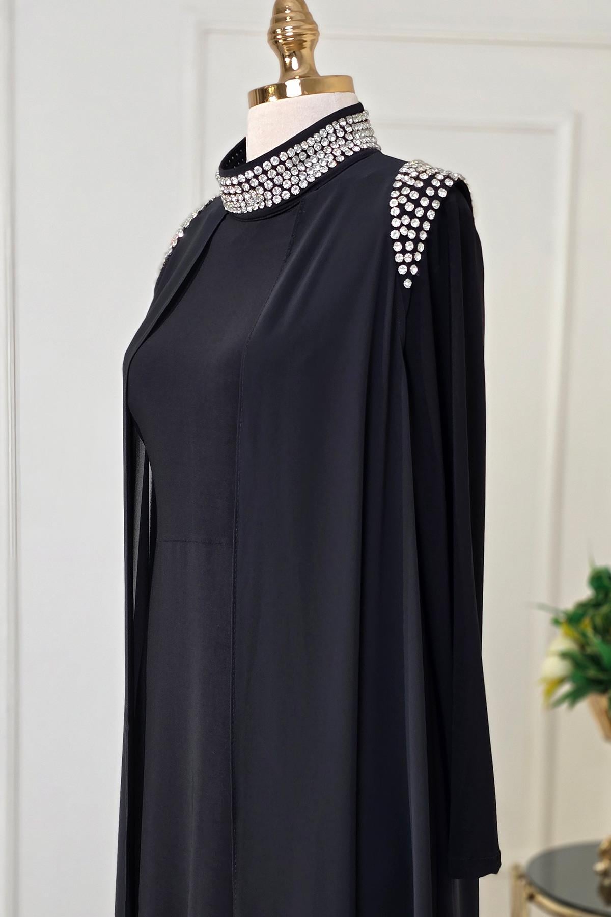 Siyah Şifon Taş Detay Abaya Abiye 4320