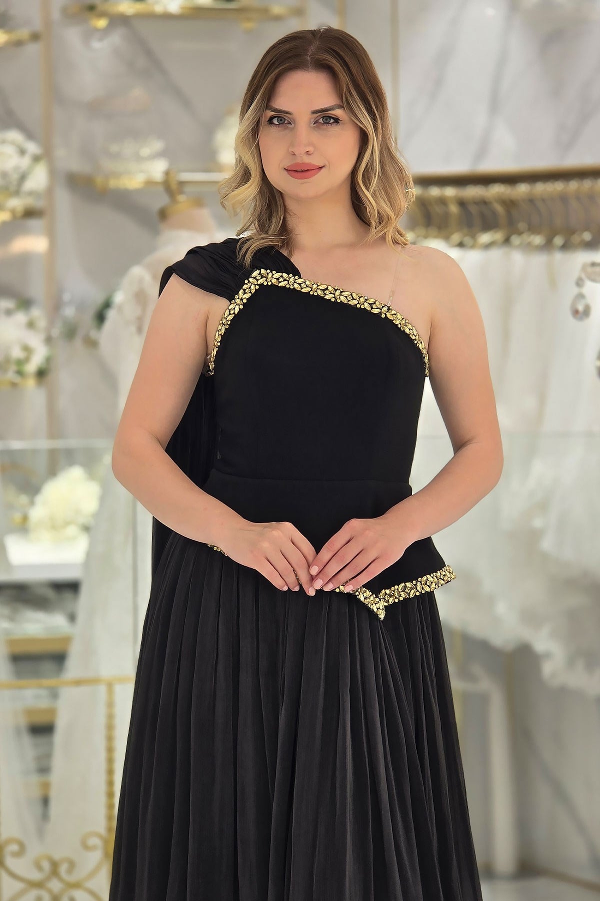 Siyah Tek Omuz Taşlı Abiye 6670