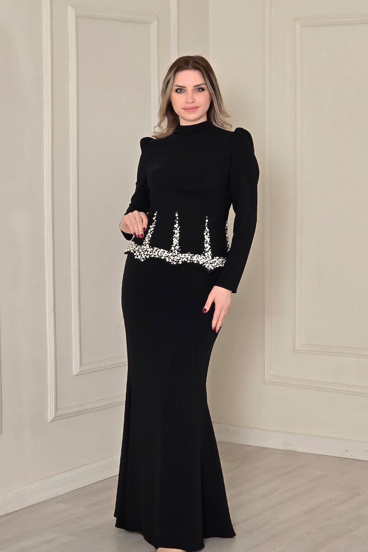 Siyah Tesettür Krep Abiye 4484