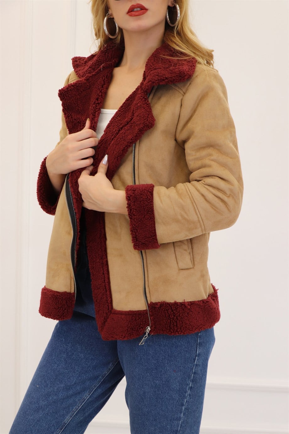 Sütlü Kahve Bordo Süet İçi Teddy Kaban 101322