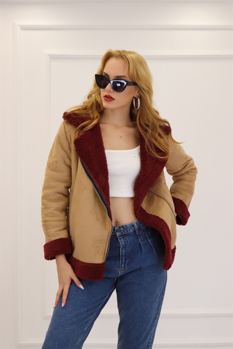Sütlü Kahve Bordo Süet İçi Teddy Kaban 101322