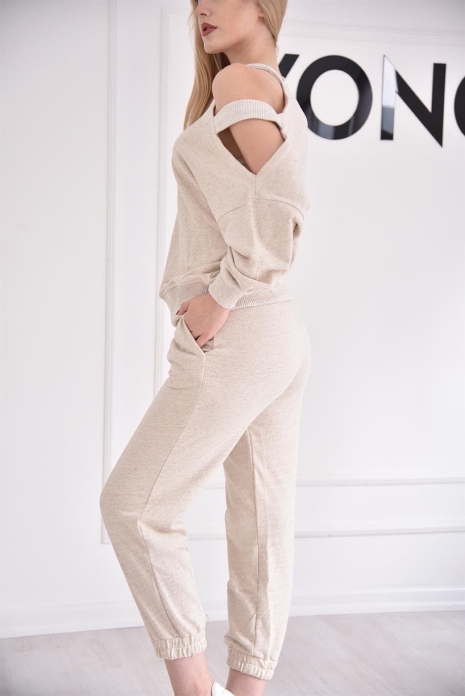 TAŞ RENGİ Önü Kuplu Penye Pantolon Takım 50678