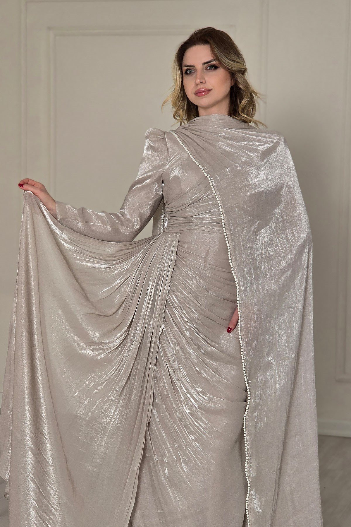 TAŞ RENGİ Organze Büzülü Abiye 5591