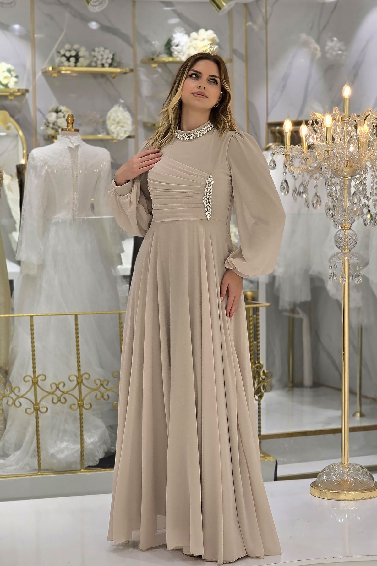 TAŞ RENGİ Taşlı Şifon Abiye 4925