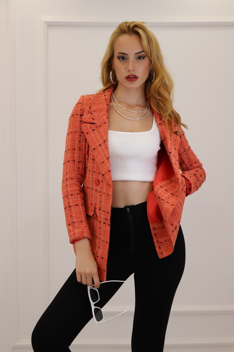 Turuncu  Altı Düğmeli Kareli Blazer Ceket 2012