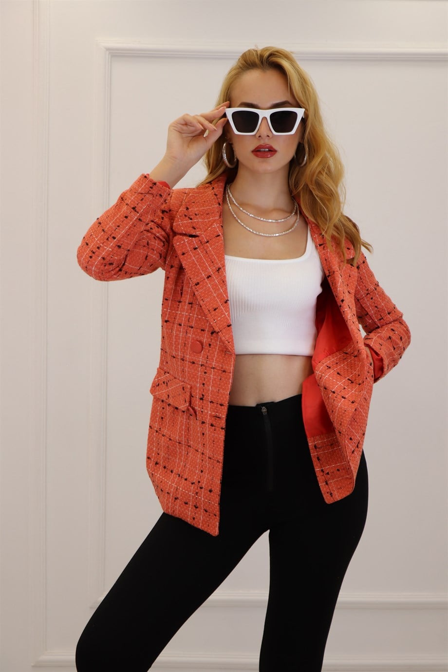 Turuncu  Altı Düğmeli Kareli Blazer Ceket 2012