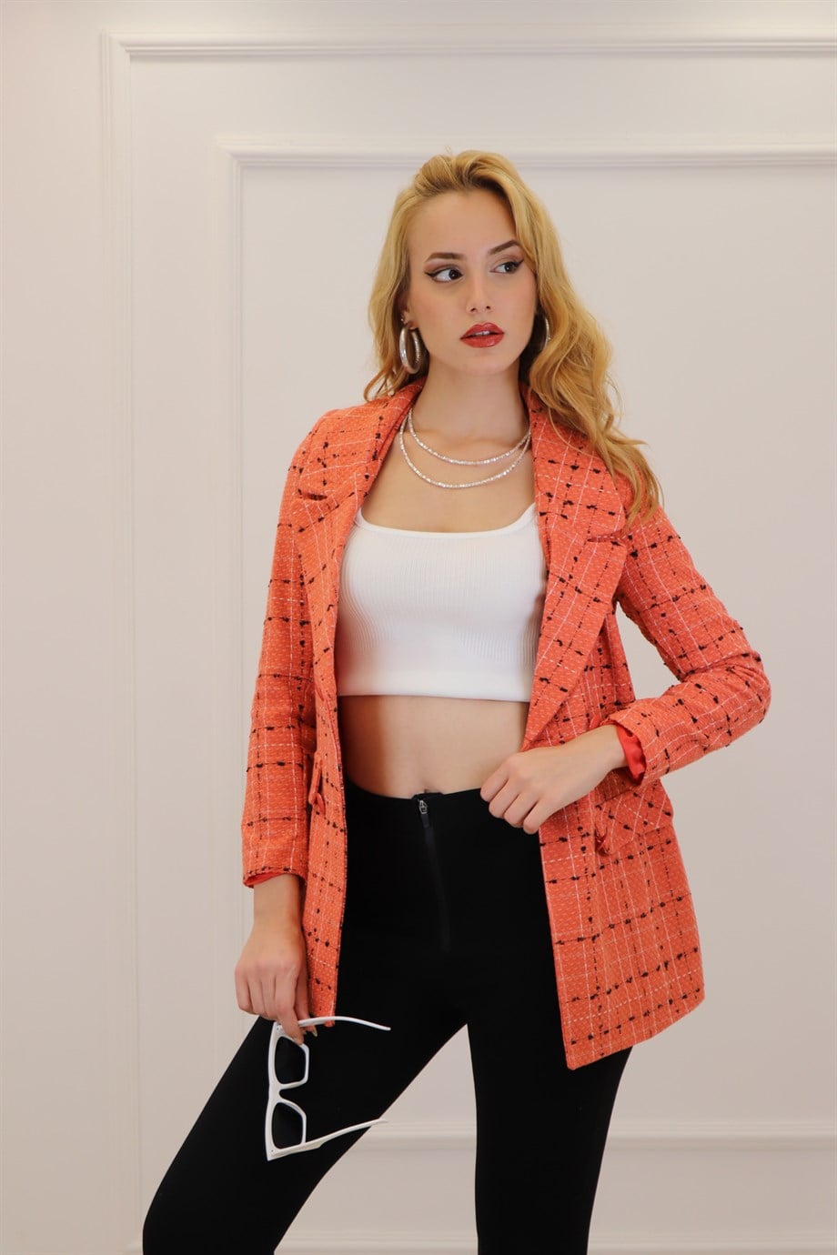 Turuncu  Altı Düğmeli Kareli Blazer Ceket 2012