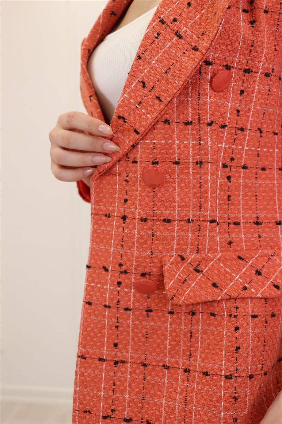 Turuncu  Altı Düğmeli Kareli Blazer Ceket 2012