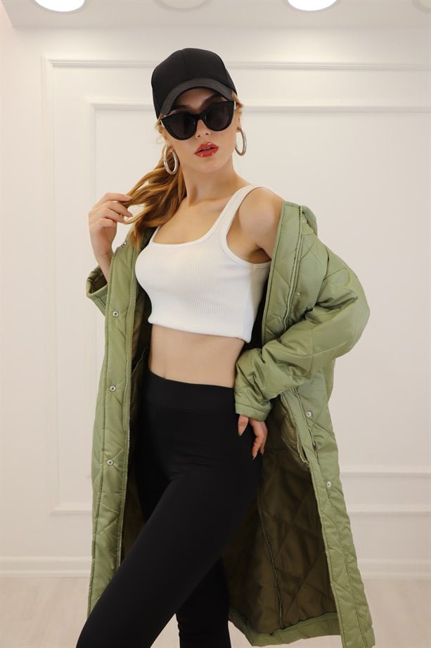 Yağ Yeşili Kapitone Oversize Kaban 85048