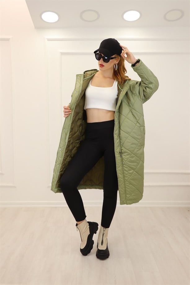 Yağ Yeşili Kapitone Oversize Kaban 85048