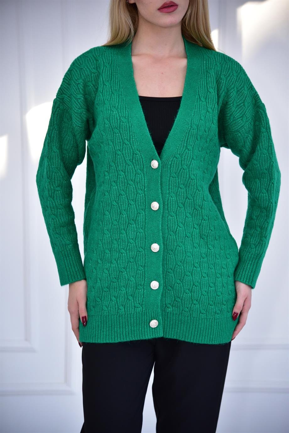 Yeşil Düğmeli Uzun Oversize Hırka 23190