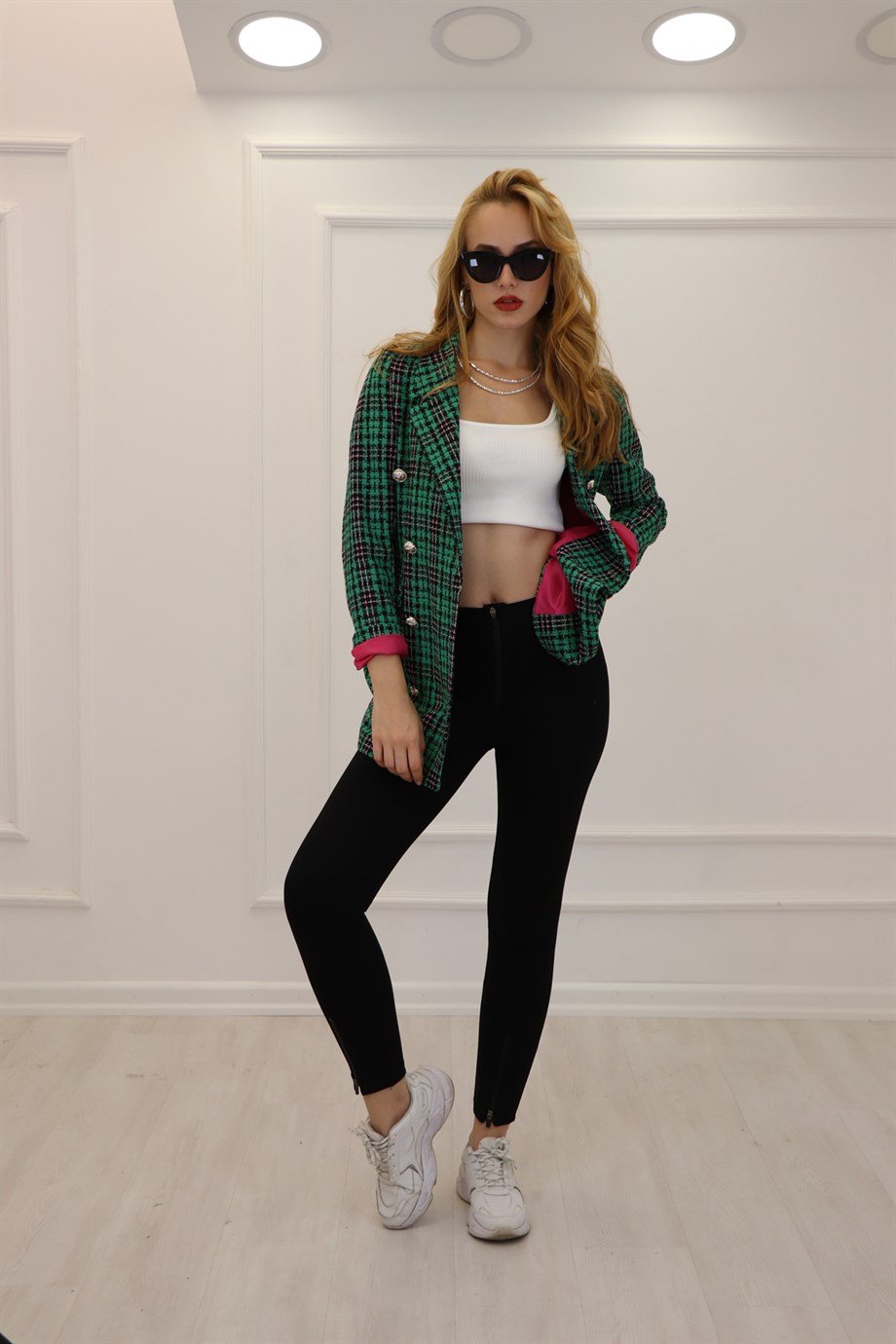 Yeşil Pembe Sekiz Düğmeli Kareli Blazer Ceket 2007