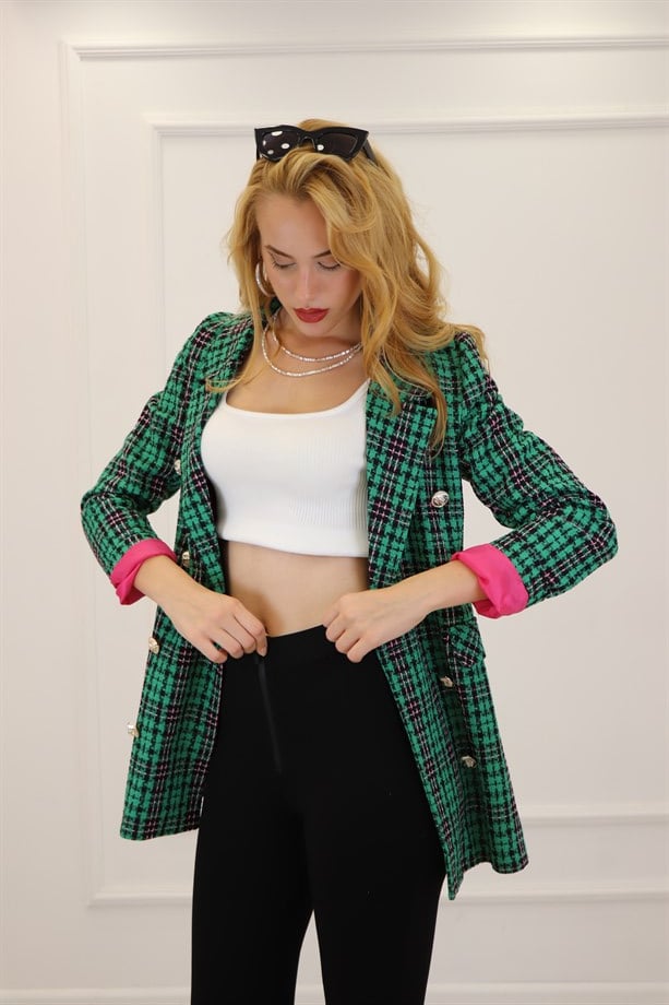 Yeşil Pembe Sekiz Düğmeli Kareli Blazer Ceket 2007