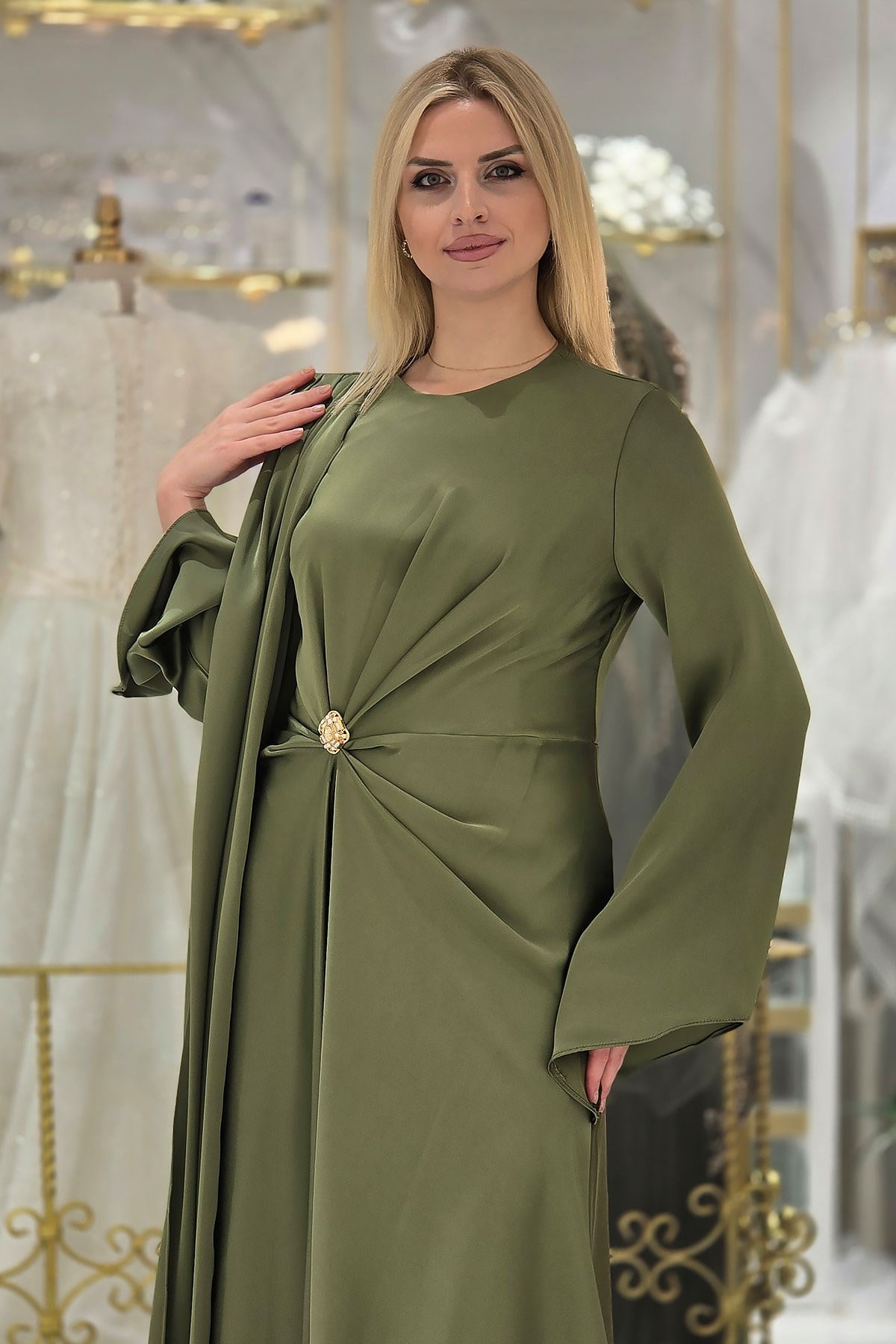 Yeşil Saten Tesettür Elbise 5386