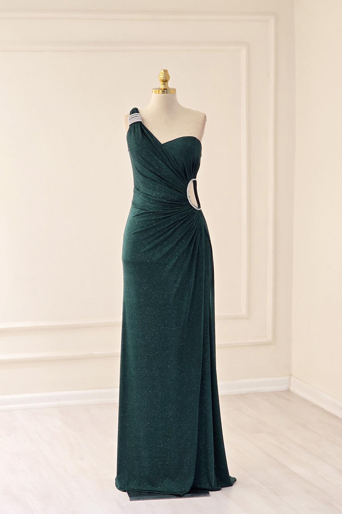 Yeşil TEK KOL PARILTILI ELBİSE 2542