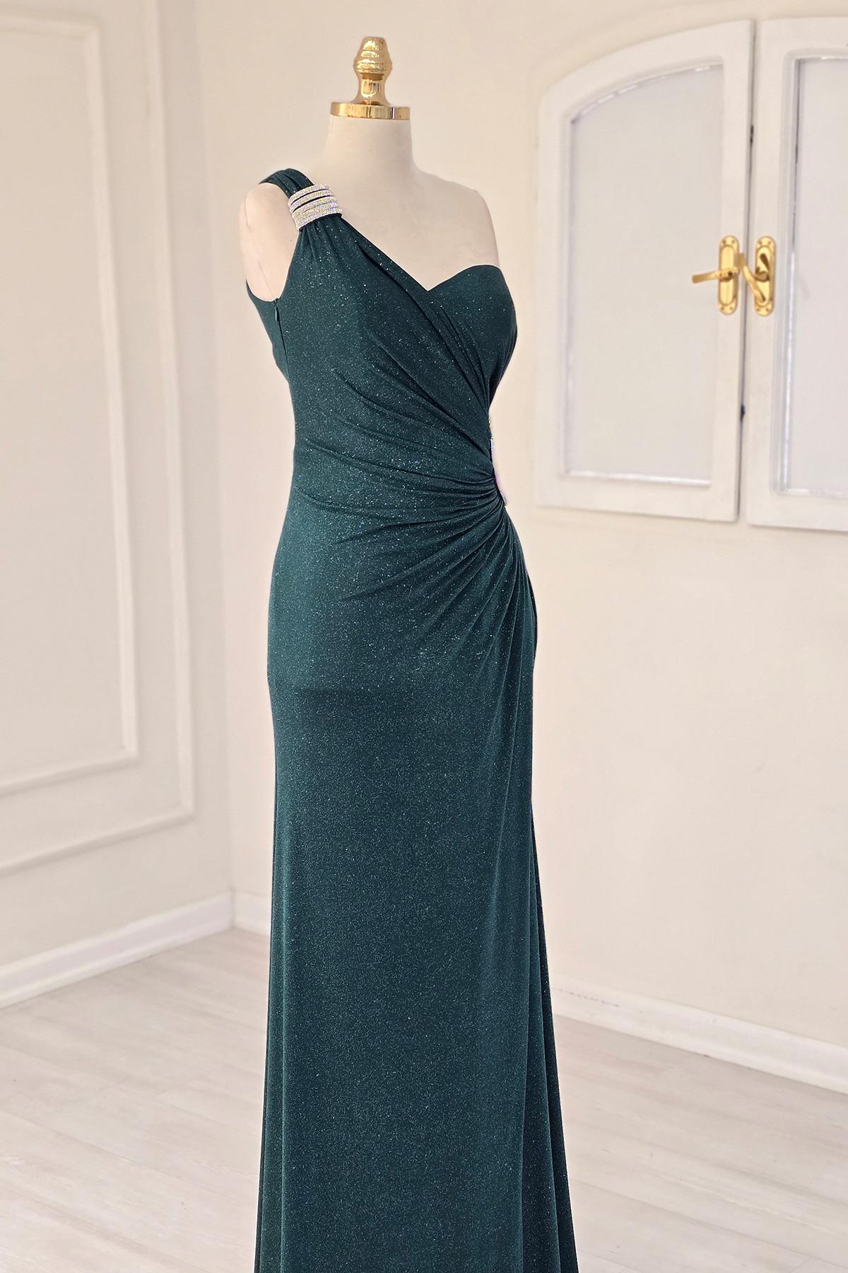 Yeşil TEK KOL PARILTILI ELBİSE 2542