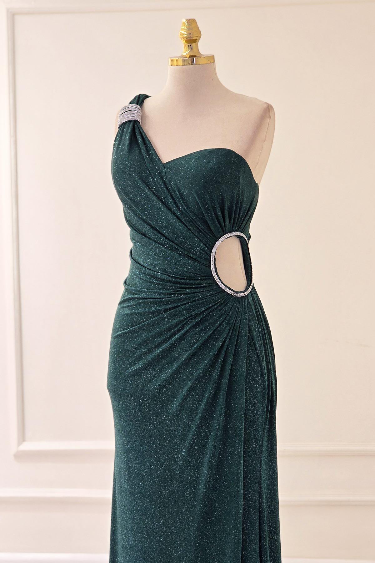 Yeşil TEK KOL PARILTILI ELBİSE 2542