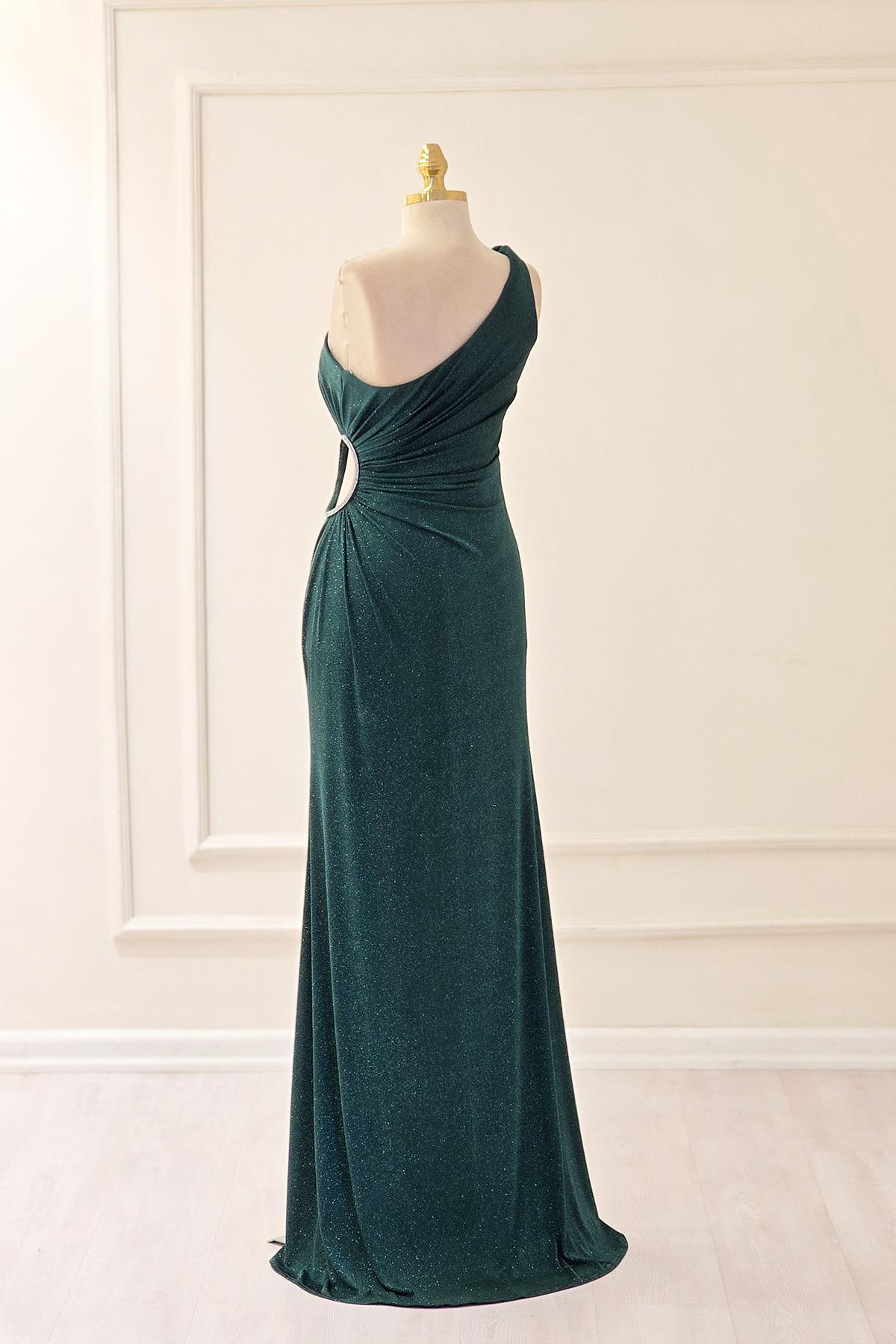 Yeşil TEK KOL PARILTILI ELBİSE 2542