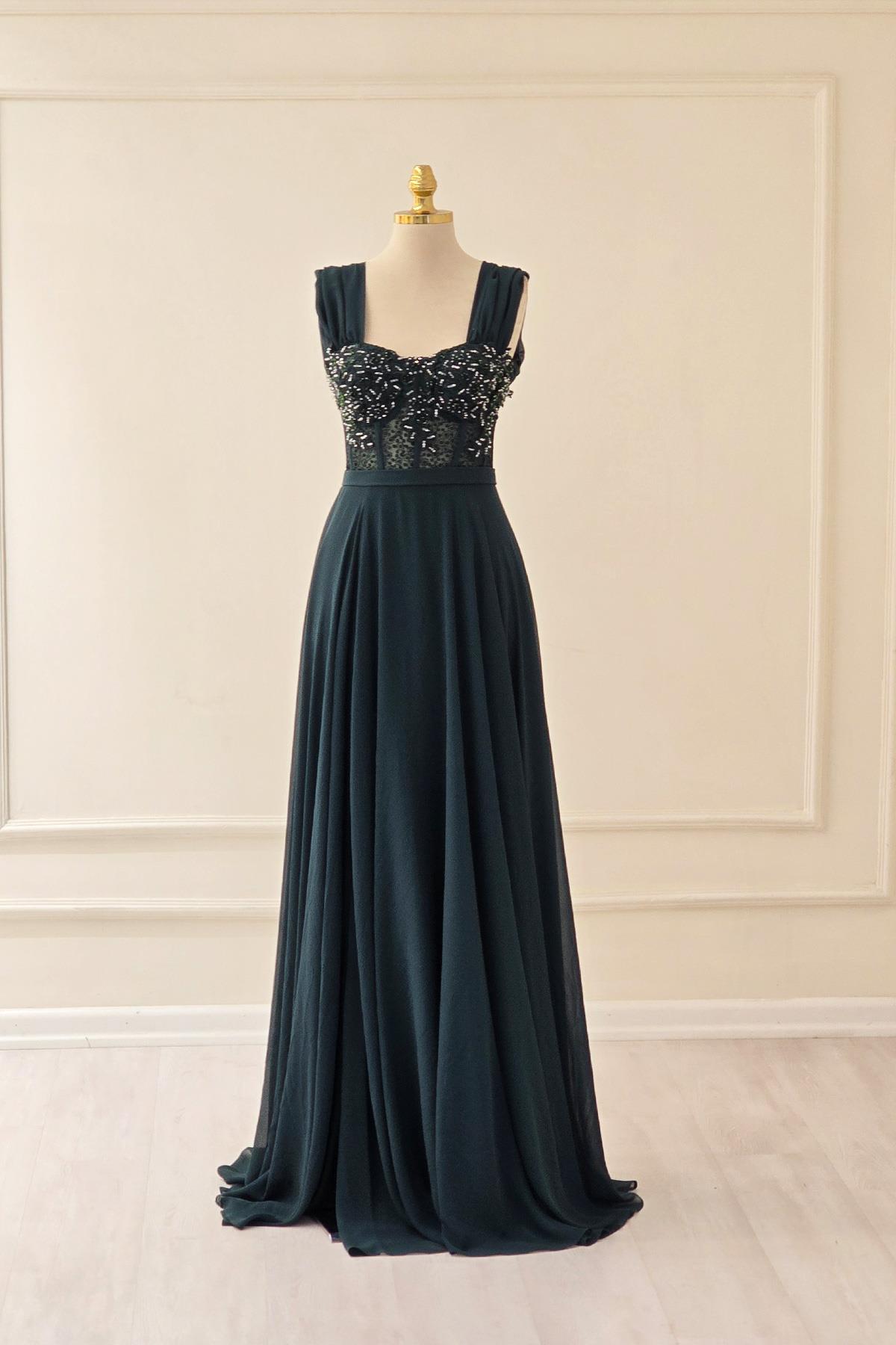 Zümrüt İşlemeli Şifon Abiye 19014