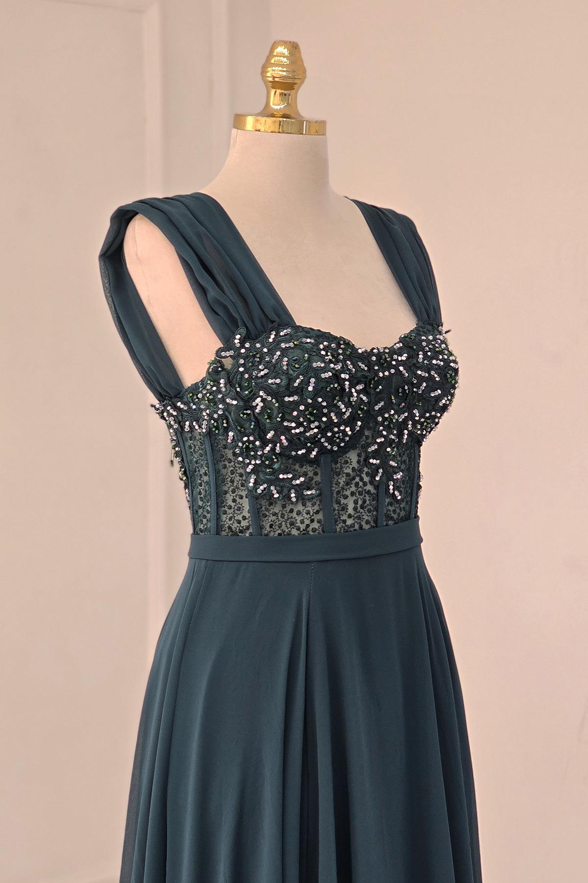 Zümrüt İşlemeli Şifon Abiye 19014