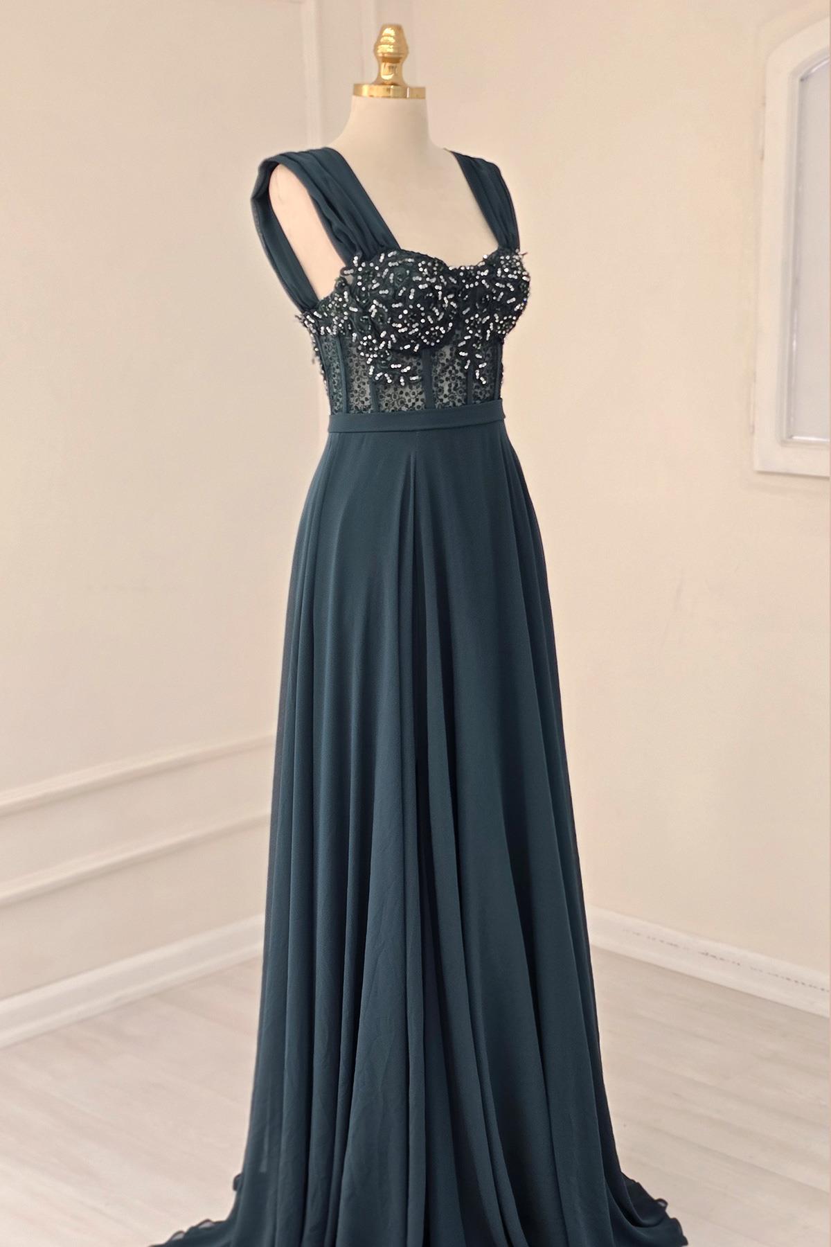 Zümrüt İşlemeli Şifon Abiye 19014