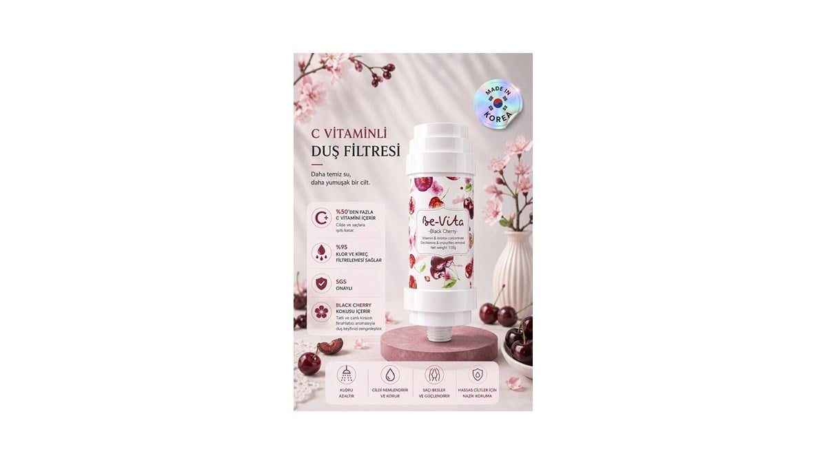 Be-Vita Black Cherry C Vitaminli Aromatik Duş Filtresi - Cilt Besleyici Klor ve Kireç Arıtıcı Duş Filtresi (150gr)