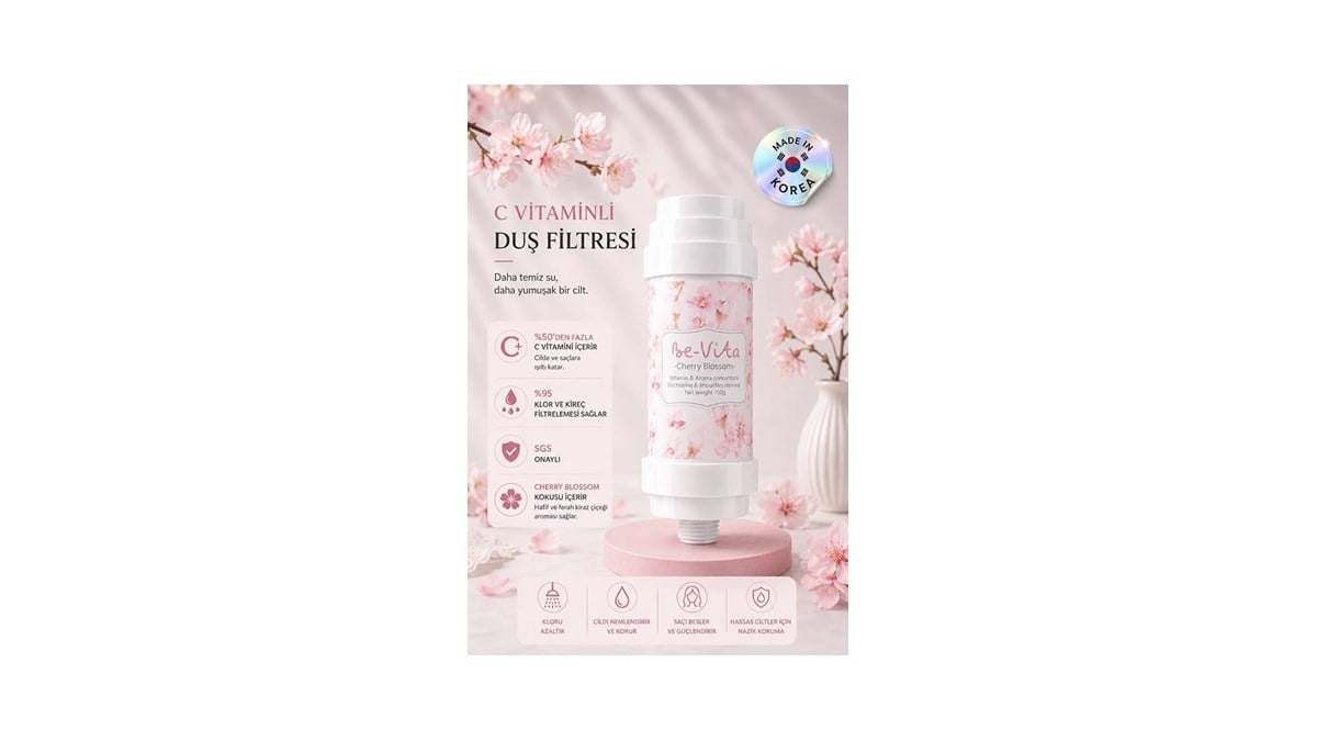 Be-Vita Cherry Blossom C Vitaminli Aromatik Duş Filtresi - Cilt Besleyici Klor ve Kireç Arıtıcı Duş Filtresi (150gr)
