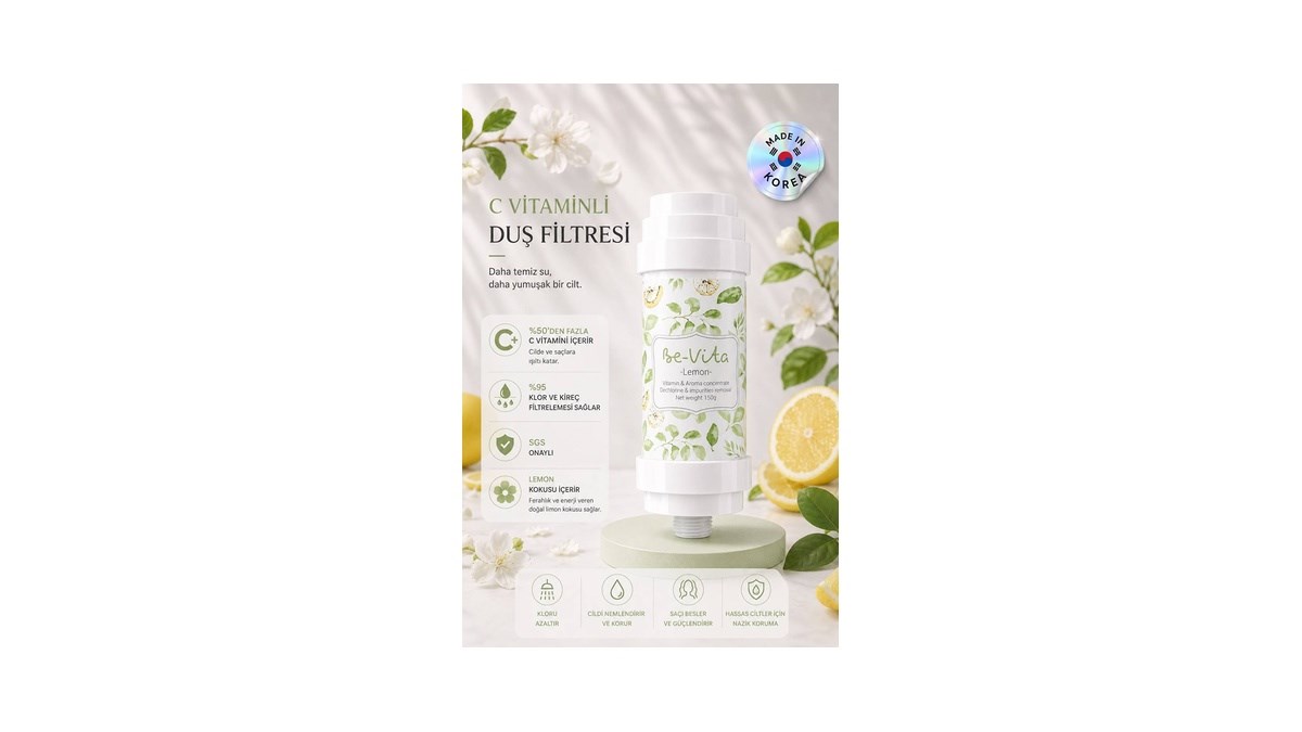 Be-Vita Lemon C Vitaminli Aromatik Duş Filtresi - Cilt Besleyici Klor ve Kireç Arıtıcı Duş Filtresi (150gr)