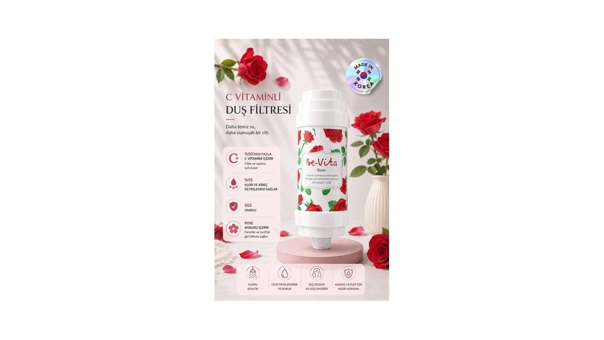 Be-Vita Rose C Vitaminli Aromatik Duş Filtresi - Cilt Besleyici Klor ve Kireç Arıtıcı Duş Filtresi (150gr)