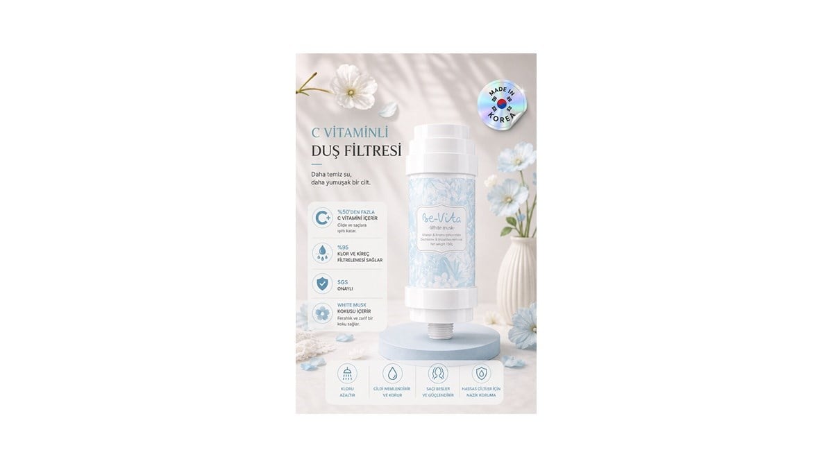 Be-Vita White Musk C Vitaminli Aromatik Duş Filtresi - Cilt Besleyici Klor ve Kireç Arıtıcı Duş Filtresi (150gr)