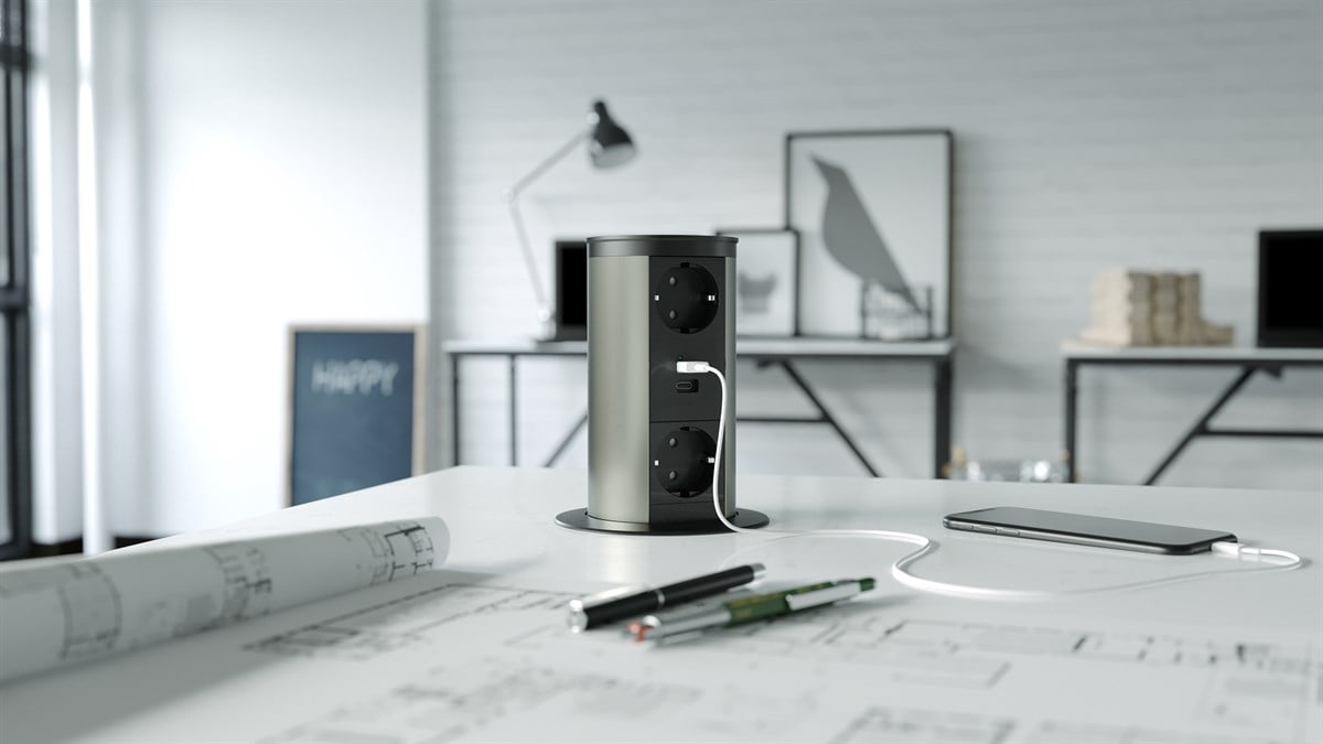 Metalline® Tower-Line Bas-Aç Masaüstü Priz Kutusu Kombin - Siyah