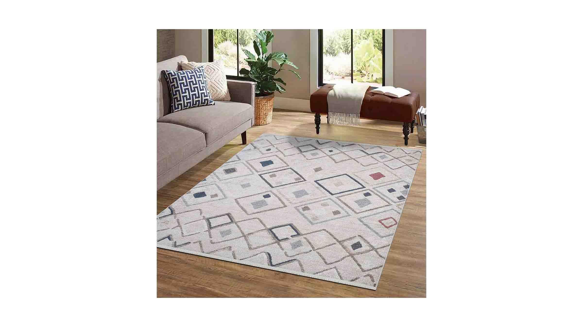 Piksel Halı Krem Geometrik Desenli Dijital Baskı Halı