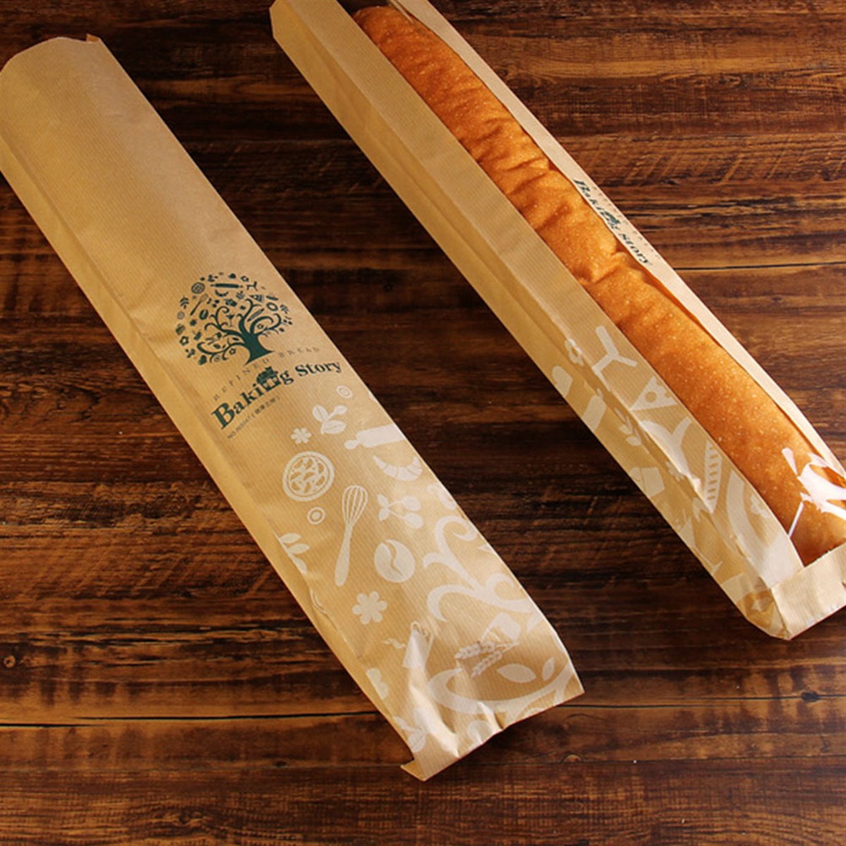 Baskılı Pencereli Baget Ekmek Kesekağıdı-Kahverengi Şamua Kağıt-(En:9,5cm/Boy:59cm/Körük:5cm+Pencere)