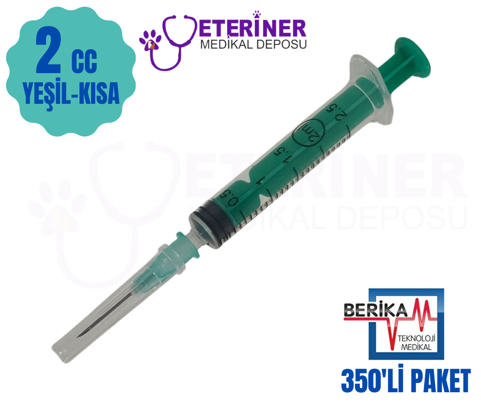 Berika 2 CC 3 Parça (Contalı) Kısa ve Yeşil Uçlu Enjektör 350'lü Paket