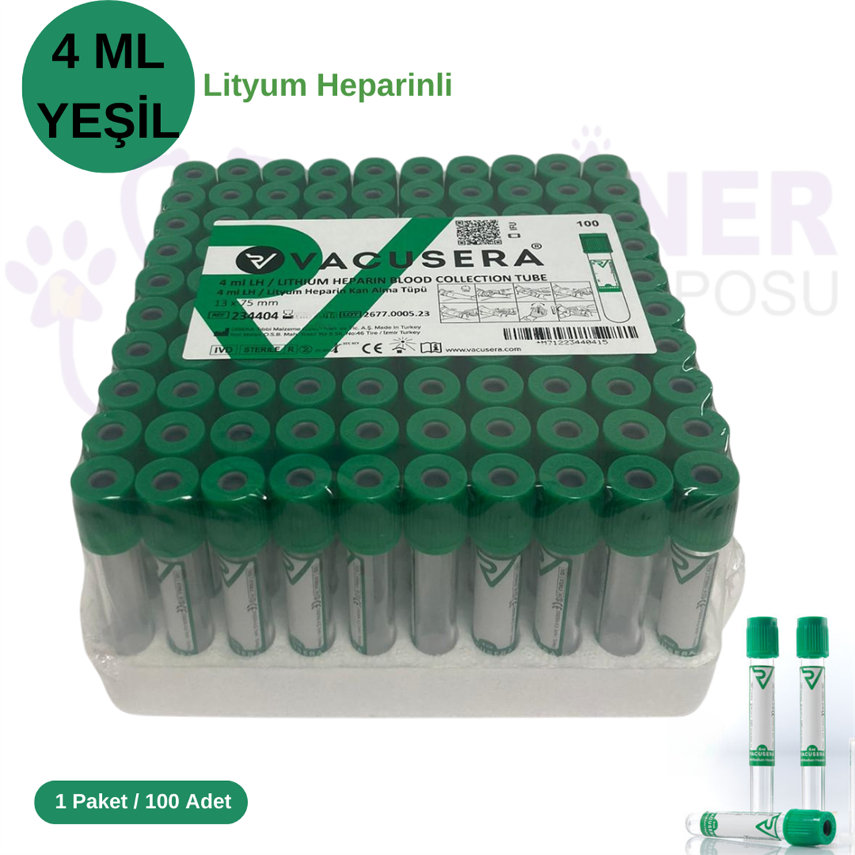 Lityum Heparinli Tüp 4 ML Yeşil Kapak 100'lü Paket