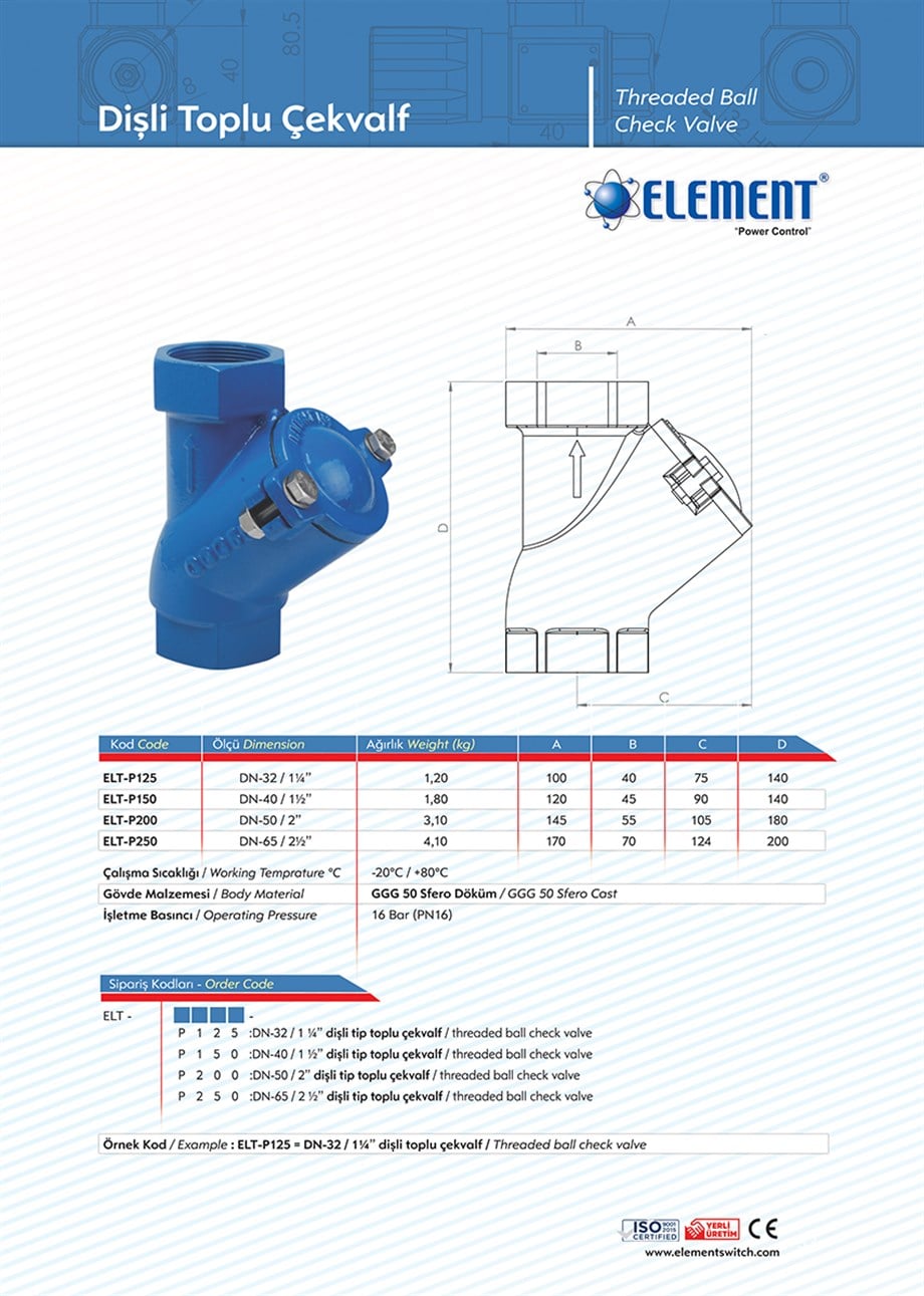 Element - 2'' Dişli Tip Atık Su Çekvalfi