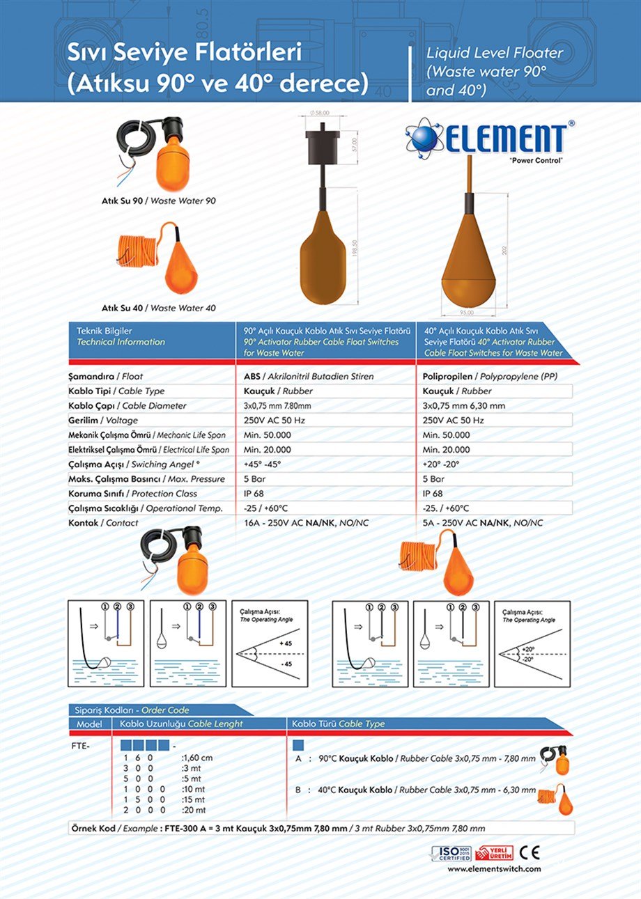 Element 40° Açılı Çalışan Kauçuk Kablolu Atık Sıvı Seviye Flatörleri-10 mt