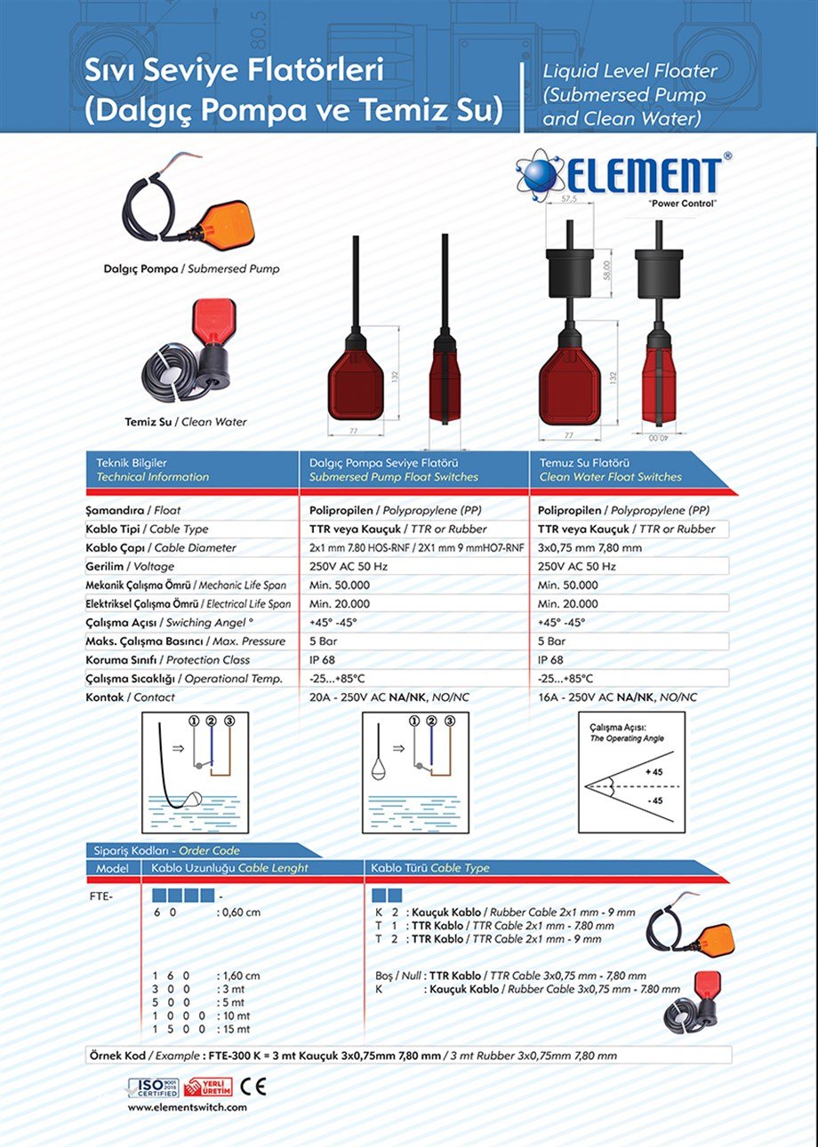 Element TTR Kablolu Seviye Flatörleri-3 mt